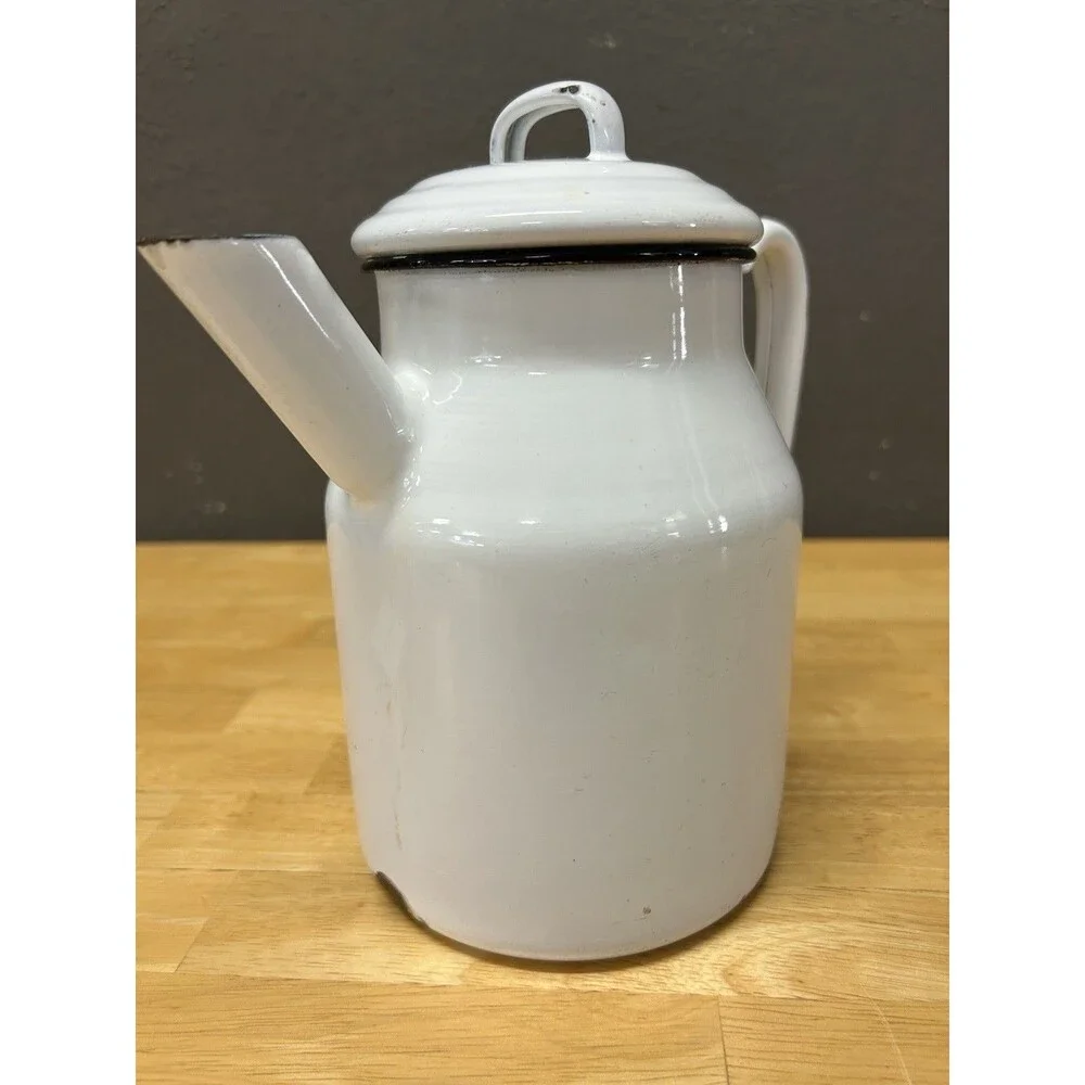 Vintage Enamelware Cowboy Coffee Pot Kettle White Black Camp Farmhouse Rustic